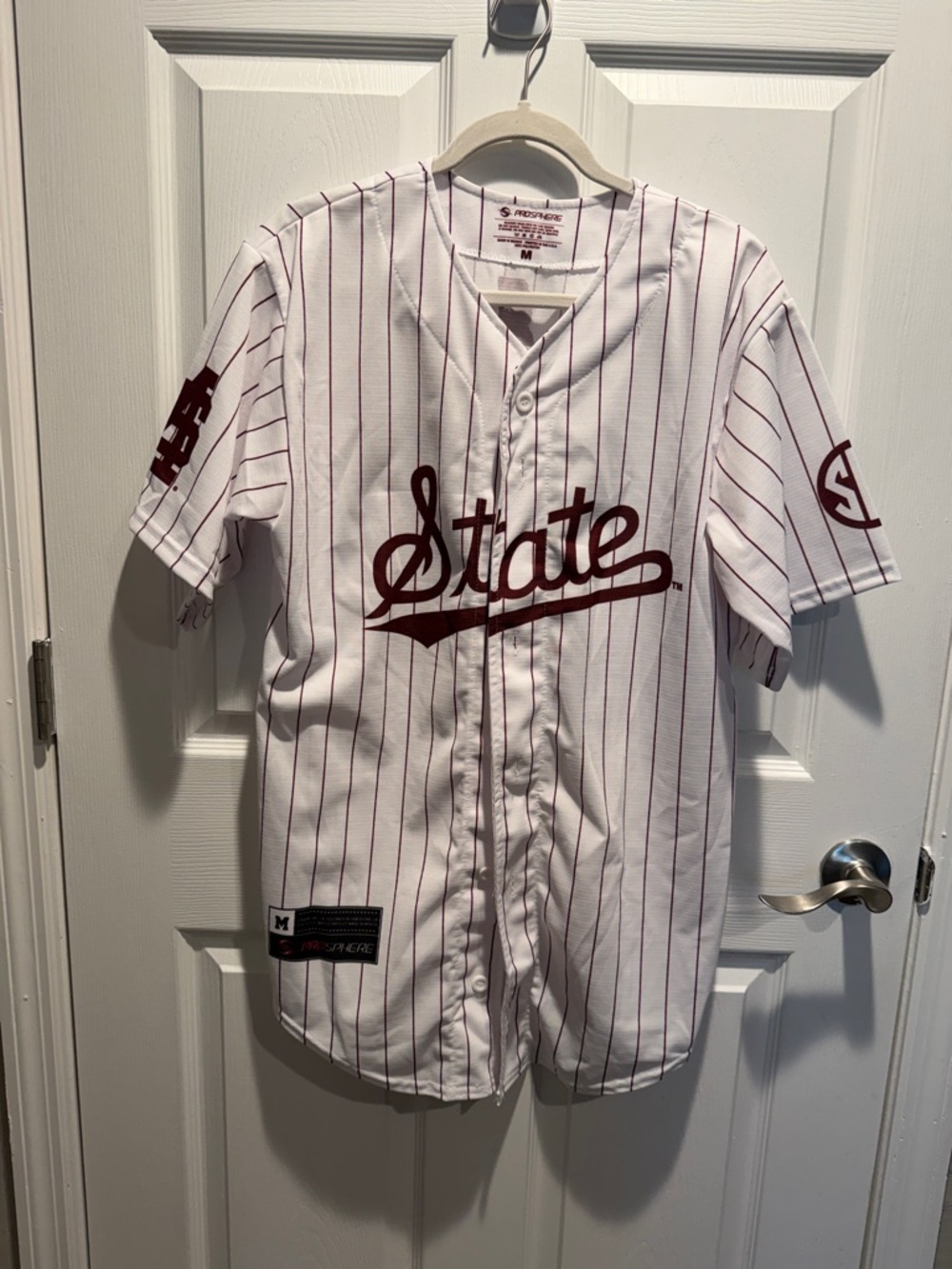 Mississippi State Script Pinstripe Baseball Jersey - White/Maroon